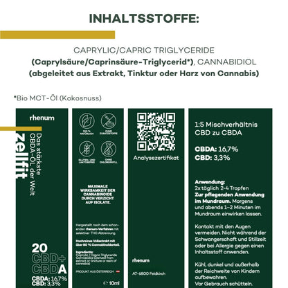 zellfit_rhenum_20%cannabidol_tinktur_extrakt_harz_cannabis_labelpackaging_inhaltsstoffe_caprylic_staerkstescbdaoelderwelt_16,7%reinescbda_kaufen_eruca.ch_apodrogerie