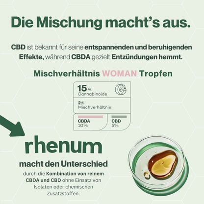 woman_drops_2:1_cbda:cbd_cannabinoide_15%_Cannabidiolsäure_rhenum_whybest_infosheet